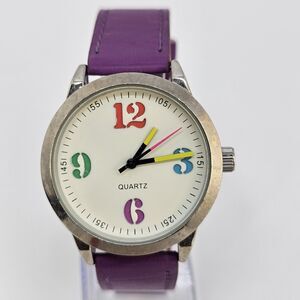 38MM Women's Watch White Dial Faux‎ Purple Leather Bands New Battery